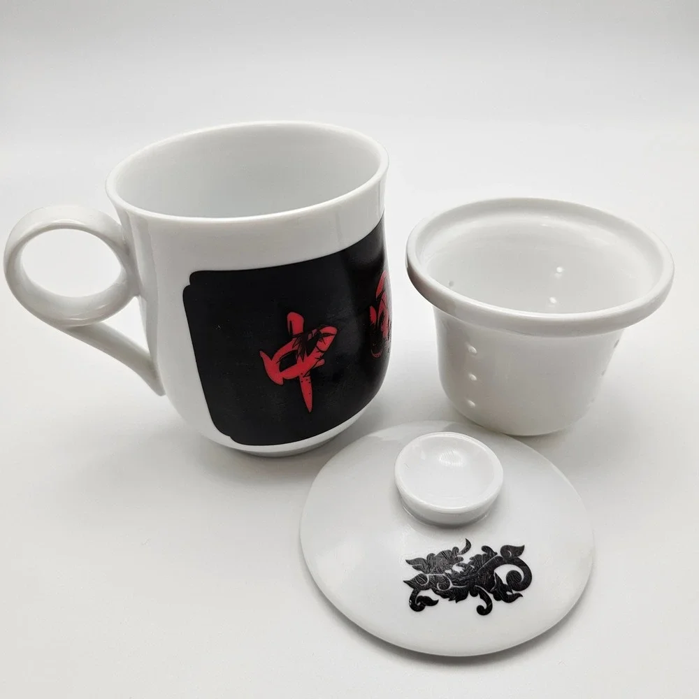 White‎ Porcelain Tea Mug with Lid and Infuser Red Chinese Characters